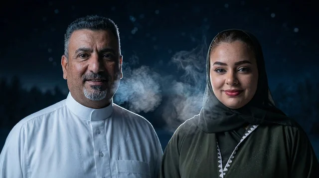 Saudi Man and Woman in Traditional Attire with Mist