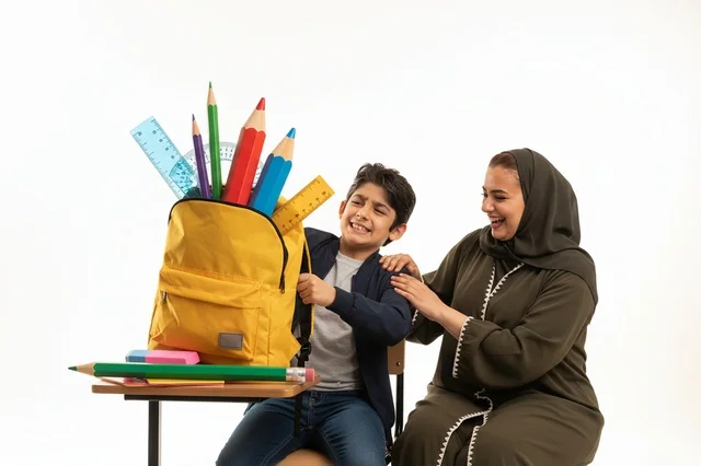 أم عربية وطالب مع أدوات مدرسية وحقيبة