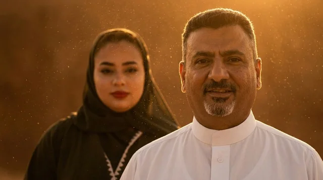 Saudi Man and Woman in Desert at Sunset