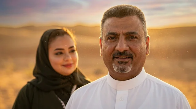 رجل وامرأة سعوديين بالزي التقليدي وقت الغروب