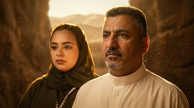رجل وامرأة سعوديين بالزي التقليدي في الصحراء