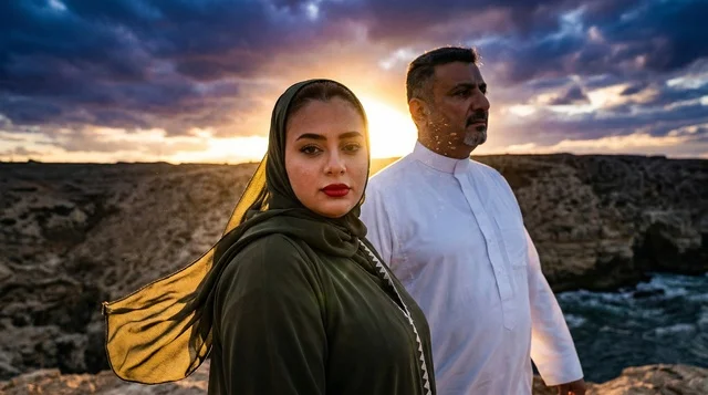 زوجان سعوديان بالزي التقليدي وقت غروب الشمس الساحلي