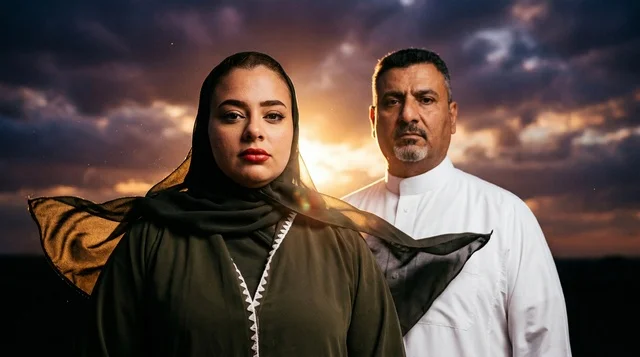 Emirati Couple in Traditional Attire at Sunset
