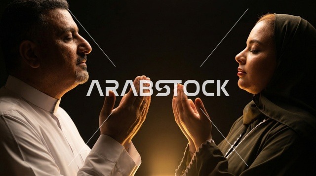 رجل وامرأة إماراتيان يؤديان الدعاء بإضاءة خافتة