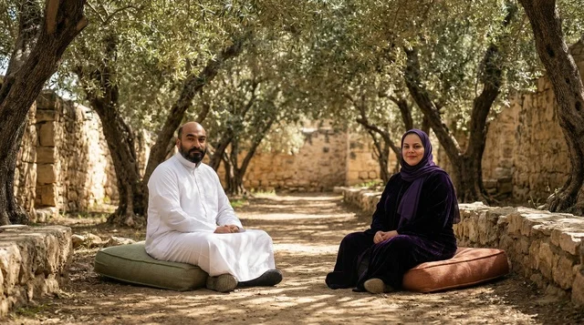 زوجان أردنيان باللباس التقليدي في بستان زيتون