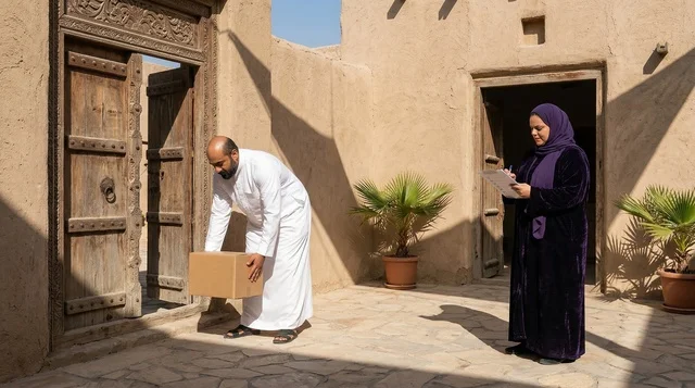 Emirati Man and Woman in Traditional Heritage Courtyard