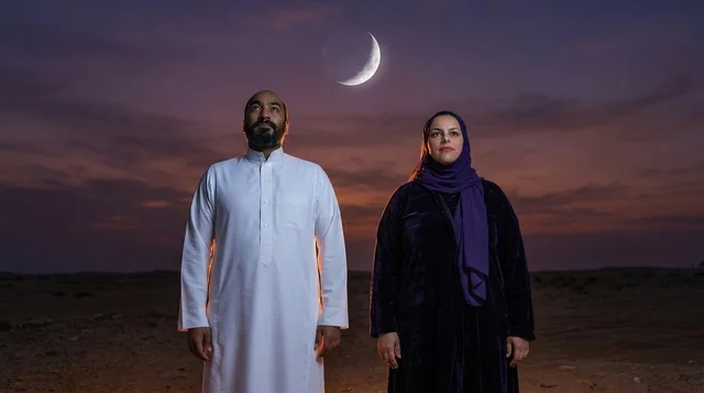Saudi Couple in Traditional Dress Under Crescent Moon