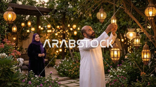 زوجان عربيان يزينان الحديقة بفوانيس رمضان
