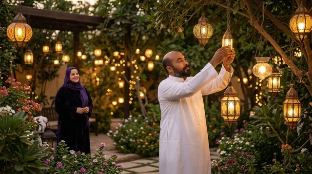 Arab Couple Decorating Garden with Ramadan Lanterns
