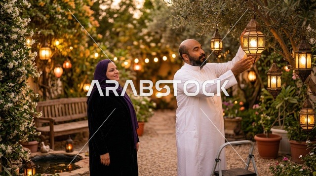 زوجان عربيان يزينان الحديقة بفوانيس رمضان