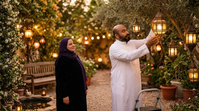 An Arab couple decorates the garden with Ramadan lanterns.