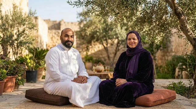 رجل وامرأة سعوديان باللباس التقليدي في بستان الزيتون