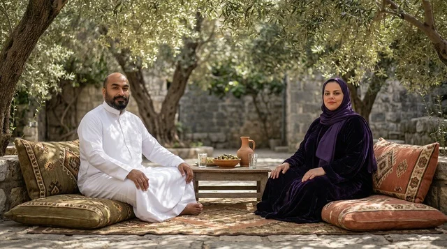 رجل وامرأة سعوديان باللباس التقليدي في بستان الزيتون