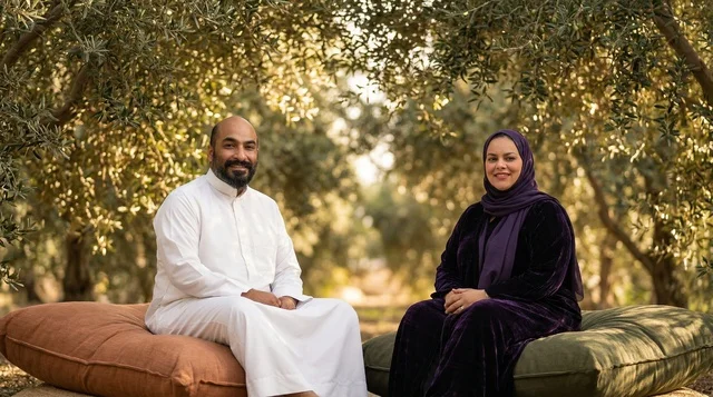 Saudi Couple in Traditional Dress in Olive Grove