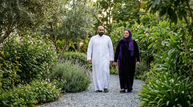 Saudi Couple Walking in Green Garden Traditional Dress