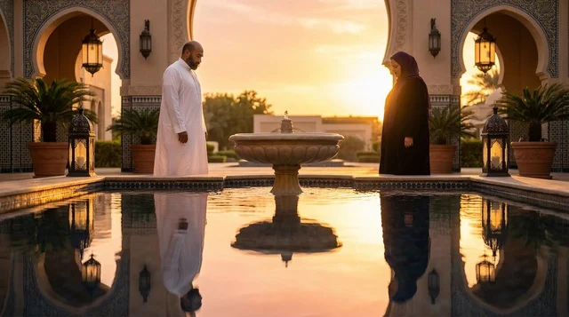 زوجين إماراتيين في ساحة تقليدية عند الغروب