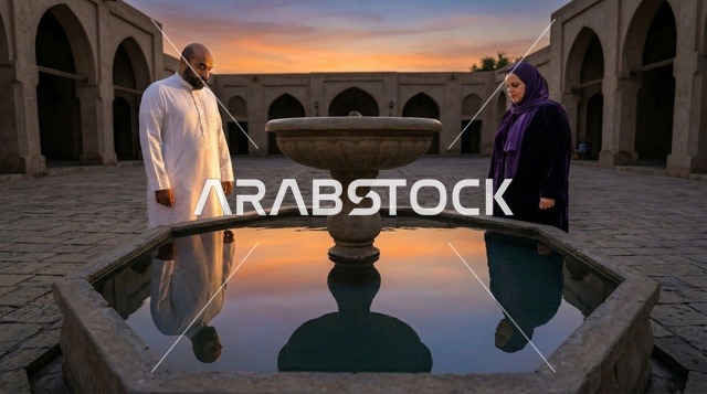 زوجان عربيان يزينان الحديقة بفوانيس رمضان