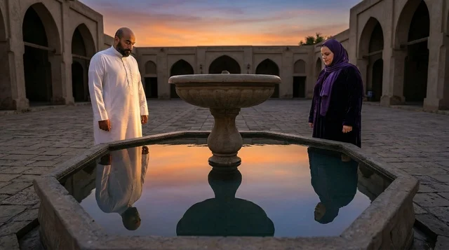 An Arab couple decorates the garden with Ramadan lanterns.