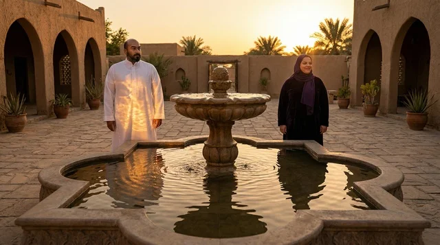 An Arab couple decorates the garden with Ramadan lanterns.