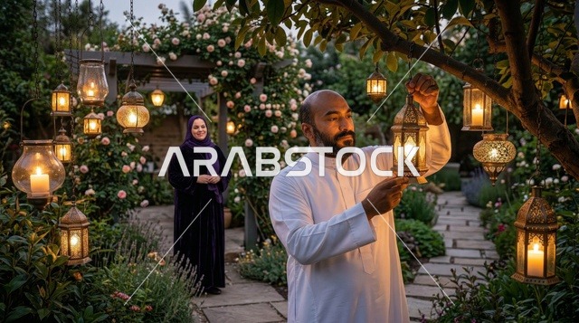 زوجان عربيان يزينان الحديقة بفوانيس رمضان