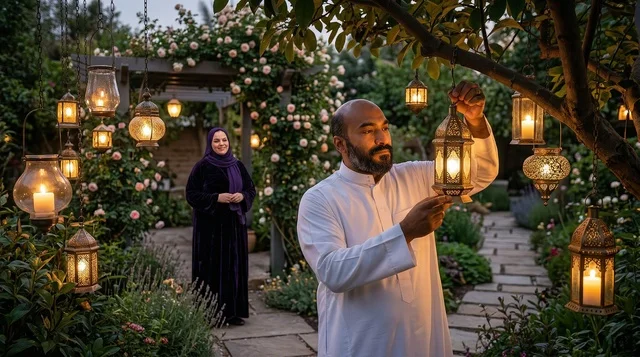 An Arab couple decorates the garden with Ramadan lanterns.