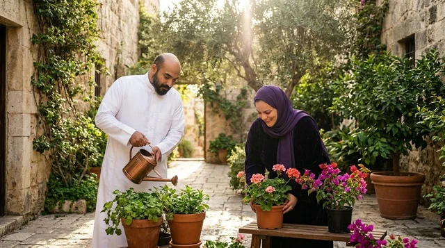 Arab Couple Tending Garden in Traditional Courtyard