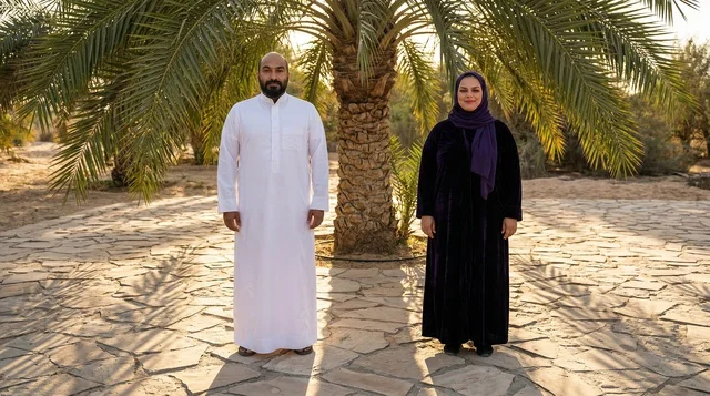 Saudi Couple in Traditional Attire at Palm Farm