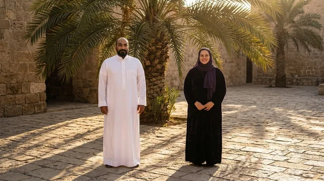 Saudi Couple in Traditional Dress at Historical Site