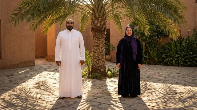 Saudi Couple in Traditional Mud Courtyard