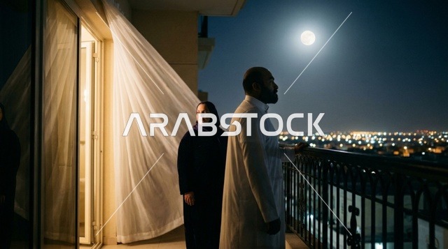 رجل وامرأة سعوديان على شرفة مطلة على المدينة ليلاً