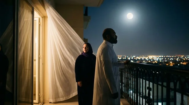 Saudi Couple on Balcony Overlooking City at Night