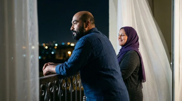 Egyptian Couple on Balcony Overlooking City at Night