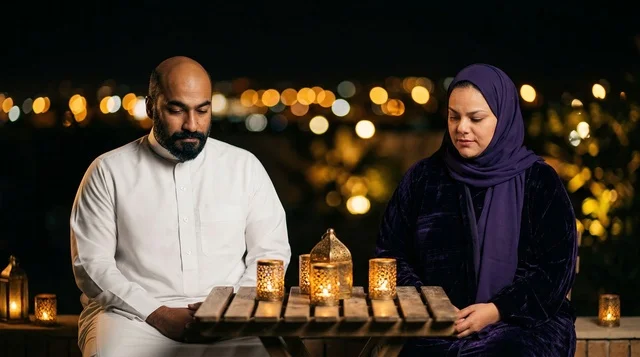 زوجين عرب بزي تقليدي مع فوانيس رمضان في الليل