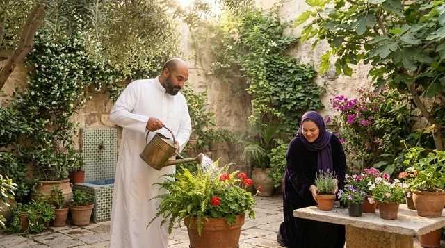 Saudi Couple Gardening in Traditional Stone Courtyard
