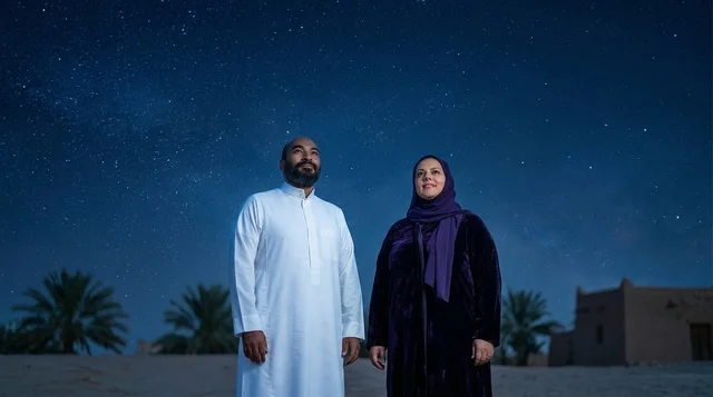 زوجان سعوديان باللباس التقليدي تحت سماء الليل والنجوم
