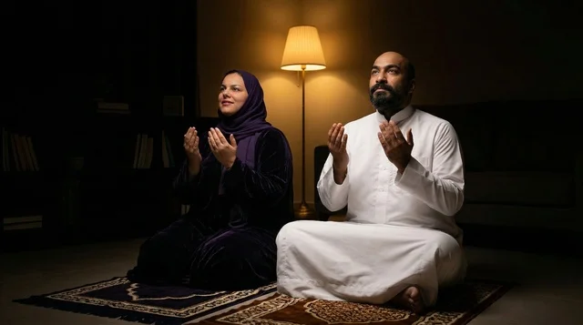 Muslim Couple Making Dua on Prayer Mats