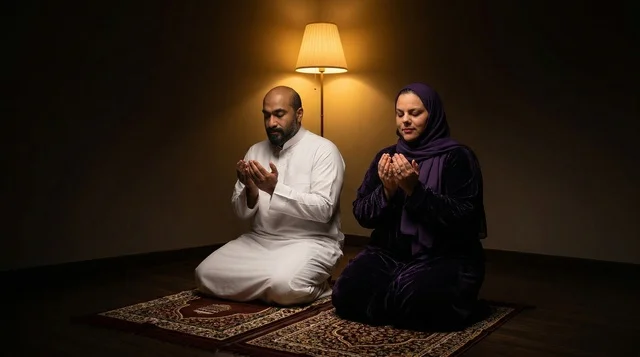 A Muslim couple praying on a prayer mat.