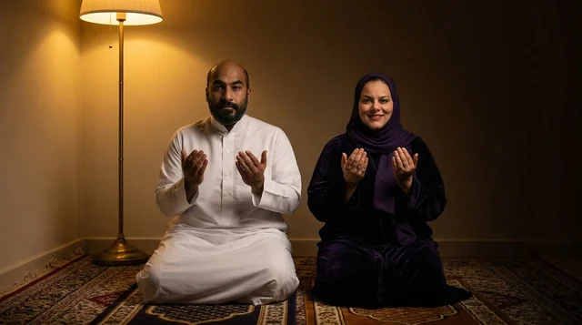 Arab Couple Making Dua Wearing Traditional Clothing Indoor