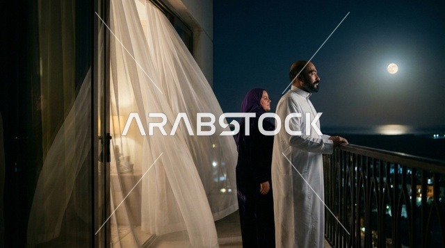 زوجين سعوديين على الشرفة تحت ضوء القمر ليلاً