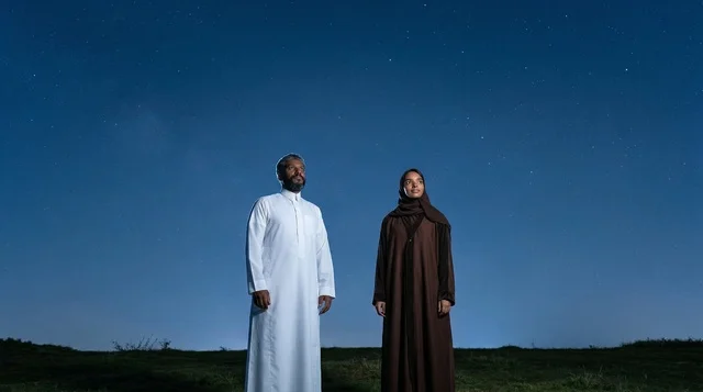 زوجان سعوديان بالزي التقليدي تحت سماء الليل والنجوم