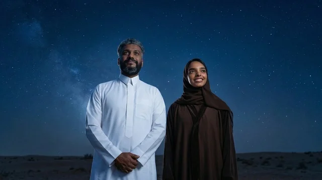 رجل وامرأة بزي سعودي تقليدي تحت سماء مرصعة بالنجوم