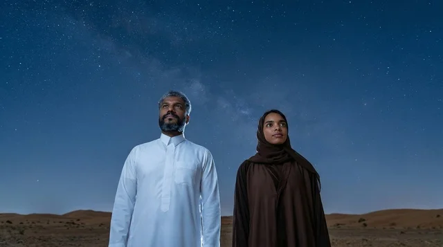 Saudi Couple in Desert Under Starry Night Sky