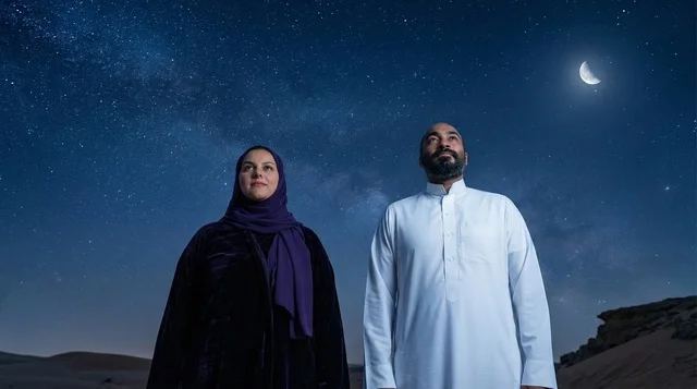 زوجان سعوديان في الصحراء تحت سماء مرصعة بالنجوم