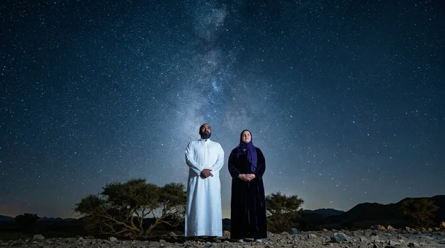 زوجان عربيان باللباس التقليدي تحت سماء مرصعة بالنجوم
