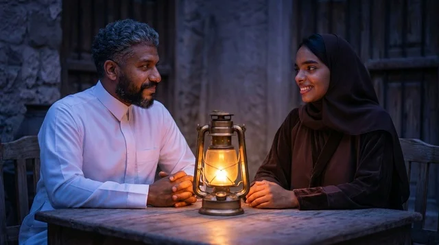 Saudi Couple in Traditional Dress with Oil Lantern