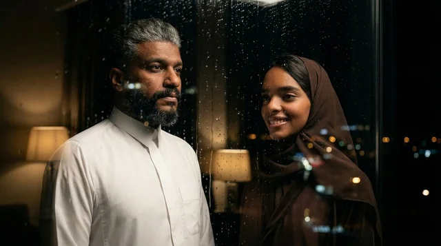 A Saudi man and woman in traditional attire in the studio.