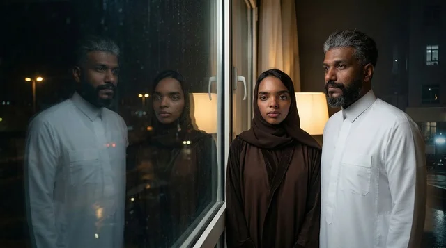 Saudi Man and Woman by Window with Night Reflection