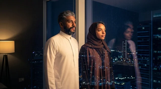 رجل وامرأة بزي سعودي يطلان على أفق المدينة ليلاً