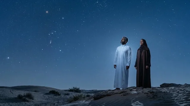 رجل وامرأة سعوديين يتأملان النجوم في الصحراء ليلاً