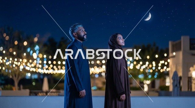 زوجان عربيان ينظران إلى هلال القمر ليلاً